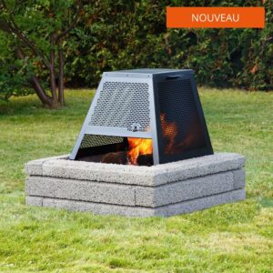 Nouveau foyer Camping rehaussé gris et son pare-etincelles 